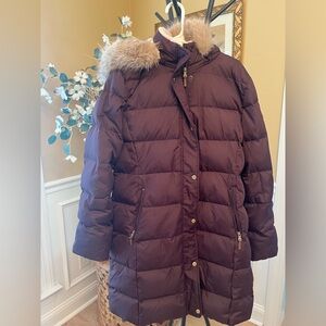 Ralph Lauren Plum Quilted Long Down Puffer Coat with Faux Fur Trim